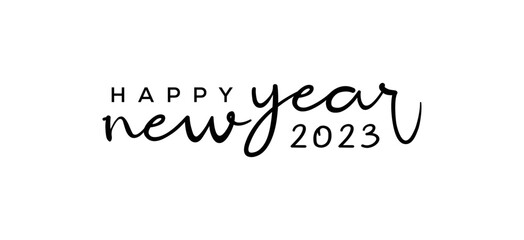 Happy New Year 2023 simple Logo. Abstract Hand-drawn creative modern calligraphy vector logo design. 2023 New year black and white logo