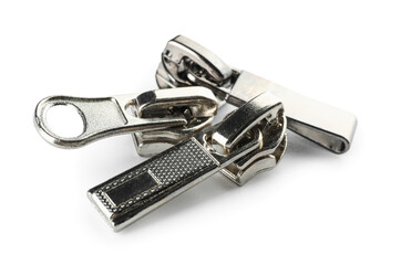Set of zippers on white background
