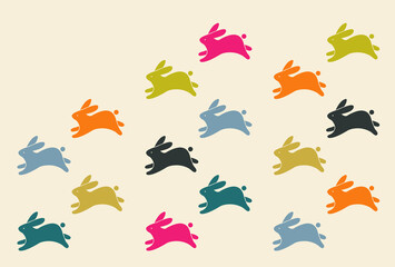 卯年年賀状　ウサギがたくさん走ってるカラフルなハガキテンプレート