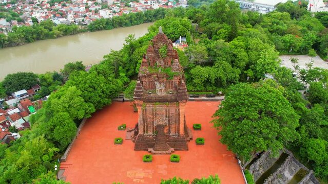 Aerial view Nhan Tower in Phu Yen, Vietnam, tower is an artistic architectural work of  Champa people built in 12th century with terracotta and recognized as a national architectural art monument