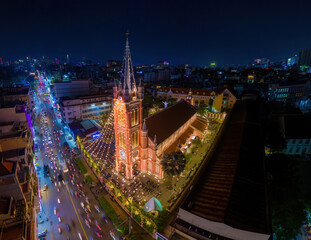 Aerial view of Tan Dinh church. Before Christmas Day in Ho Chi Minh city, Vietnam. Long exposure and night view.