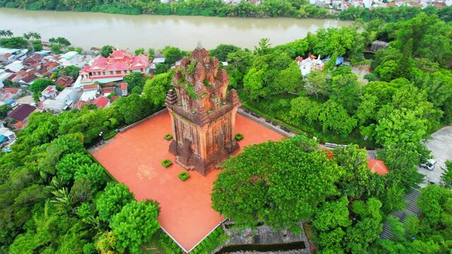 Aerial view Nhan Tower in Phu Yen, Vietnam, tower is an artistic architectural work of  Champa people built in 12th century with terracotta and recognized as a national architectural art monument