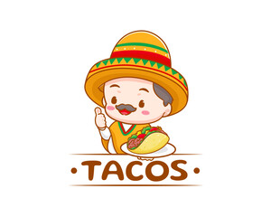 Tacos logo cartoon illustration. Cute chef wears sombrero hat holding tacos showing thumbs up. Mexican traditional street food. Adorable Mexican chef. Vector art illustration