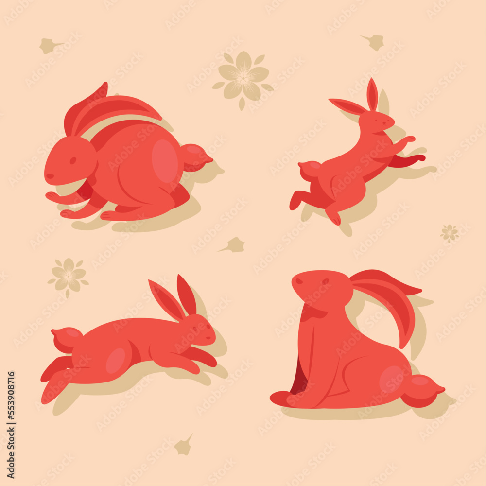 Sticker four red rabbits chinese new year