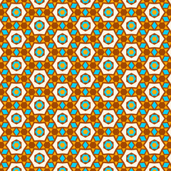 Abstract mosaic pattern with bright blue, yellow and brown geometric hexagonal and rhombic motifs