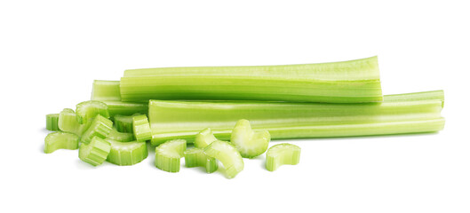 Heap of fresh celery on white background