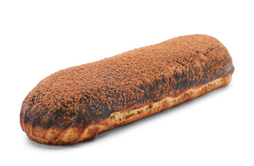 Delicious chocolate eclair on white background