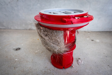 Household vacuum cleaner filter clogging up with dust, mite, hair, and animal fur after an extensive household cleaning : allergy, unhygienic concept