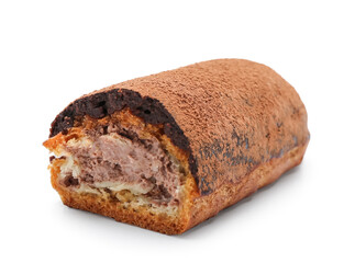 Half of tasty chocolate eclair on white background