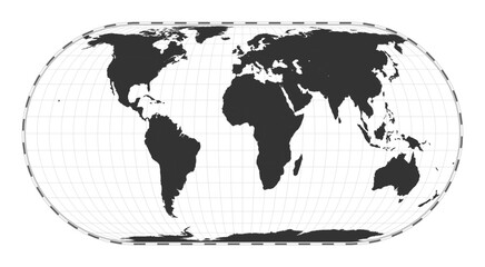 Vector world map. Herbert Hufnage's pseudocylindrical equal-area projection. Plan world geographical map with latitude/longitude lines. Centered to 0deg longitude. Vector illustration.