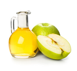 Jug of fresh apple cider vinegar and fruits on white background