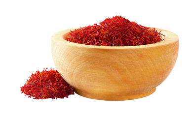 stigmas saffron in the wooden bowl isolated on white background.