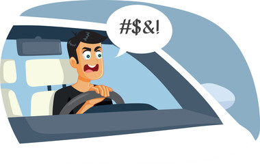 Stressed Driver Swearing Behind the Wheel Vector Cartoon Illustration. Man driving a car in feeling stressed and outraged using sweat words
