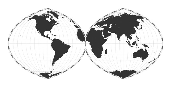 Vector world map. Quartic authalic projection interrupted into two hemispheres. Plan world geographical map with latitude/longitude lines. Centered to 0deg longitude. Vector illustration.