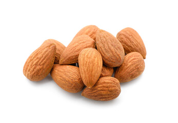 Pile of tasty almonds on white background