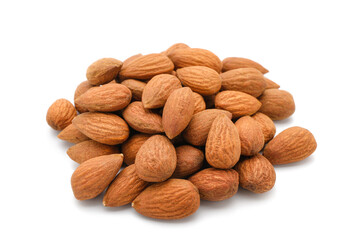 Pile of tasty almonds on white background