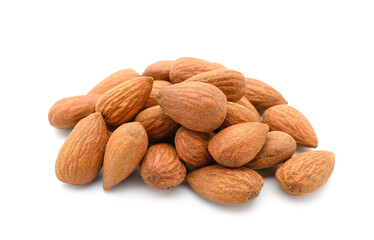 Pile of tasty almonds on white background