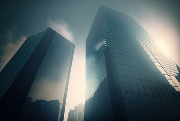 Fototapeta na wymiar Modern glass buildings in a low angle against a hazy sky. Generative AI