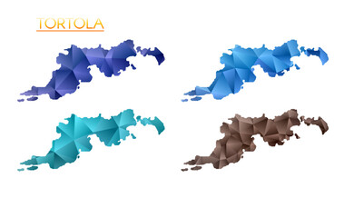 Set of vector polygonal maps of Tortola. Bright gradient map of island in low poly style. Multicolored Tortola map in geometric style for your infographics. Neat vector illustration.