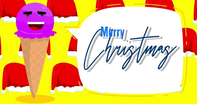 Ice Cream saying Merry Christmas. Colorful animated summer sweet food cartoon character. 4k resolution animation, moving image.