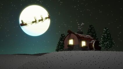 Merry Chrismas and Happy New Year with Santa and his reindeer on full moon background and snowy town.3D rendering