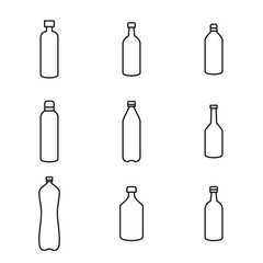 Vector set of icons of various bottles. Bottles of wine, water, vodka, liquor, cognac. Editable stroke.
