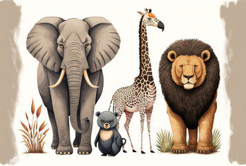Cute wild animal hand drawn in cartoon style on a white backdrop with a gorilla, ostrich, leopard, rhinoceros, and bull. Generative AI