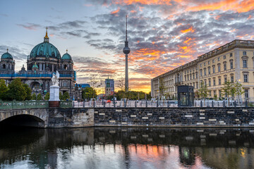 The Berlin Cathedral, the TV Tower and parts of the reconstructed Berlin City Palace before sunrise