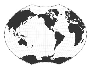 Vector world map. Ginzburg VI projection. Plan world geographical map with latitude/longitude lines. Centered to 120deg E longitude. Vector illustration.