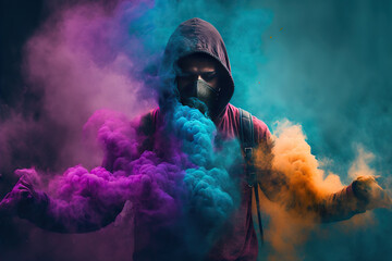Close-up of a hooded fictional man dancing in colorful smoke grenade (generative ai)