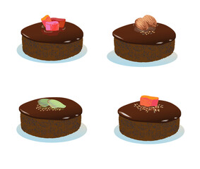 Set of chocolate cakes with nuts and candied fruits isolated on a white background.