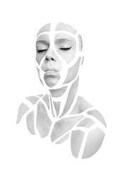 Portrait of a young woman with bold gray glowing makeup posing in the studio. Shape of gray...