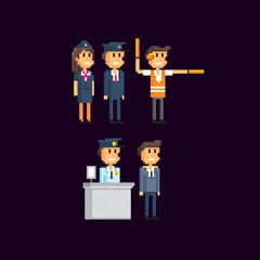 Customs officer, controller, traffic controller, stewardess, pilot, airport staff. Pixel art. Old school computer graphic. Element design stickers, logo, mobile app, menu.