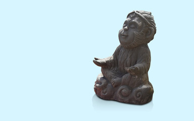antique black meditating monkey on blue background, object, animal, decor, gift, cute, fashion, copy space