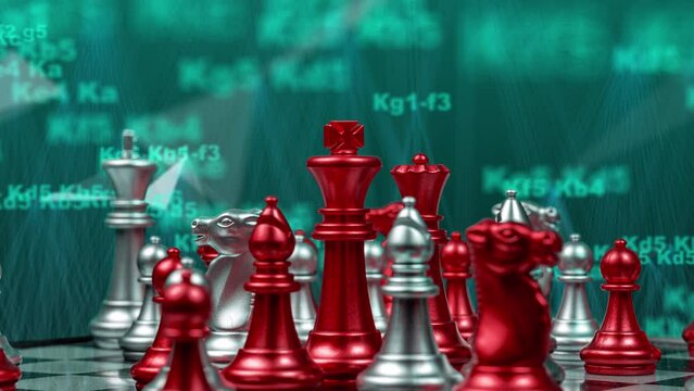 Rotating chessboard with pieces and digital graphics elements, chess notation, video loop