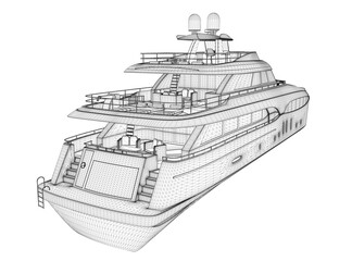 Wireframe of a large luxury yacht from black lines isolated on a white background. Back view. 3D. Vector illustration.