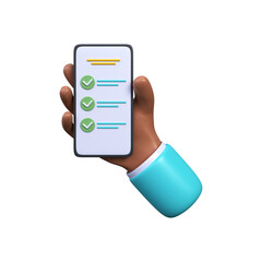 Hand holding smartphone with list mobile app. Successful completion of tasks. To-do list, done, completed..