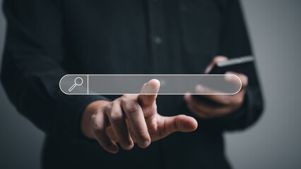 man's hands are using a smartphone to Searching for information. Using Search Console with your website. Data Search Technology Search Engine Optimization. Online business search a job for work