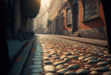 Street with cobblestones during the day. Generative AI