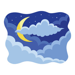 Blue Cloudy Night sky with moon, stars, and clouds vector illustration isolated on plain white background. Cartoon simple art style drawing artwork.