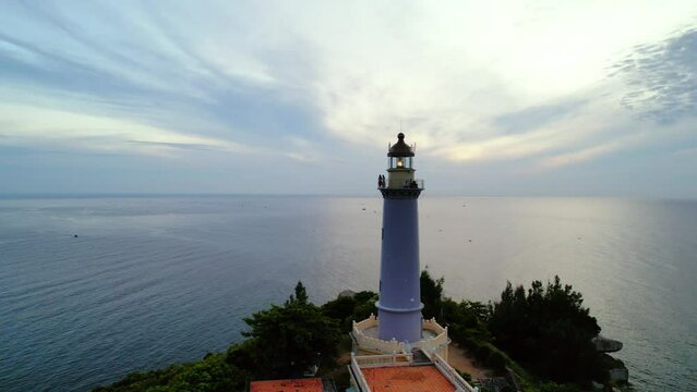 Aerial view dawn landscape at Dai Lanh lighthouse in Phu Yen, Vietnam. This is also the first place to receive the sun on the mainland of Vietnam