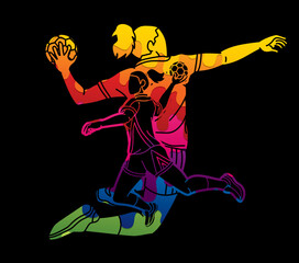 Group of Handball Players Female Mix Action Cartoon Sport Team Graphic Vector