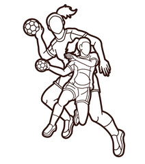 Group of Handball Players Female Mix Action Cartoon Sport Team Graphic Vector