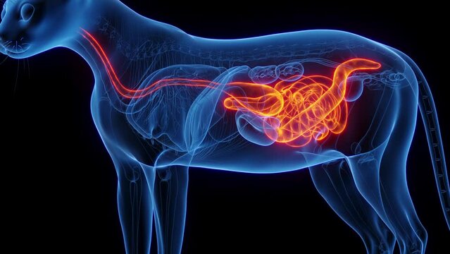 3D medical animation of a cat's digestive system