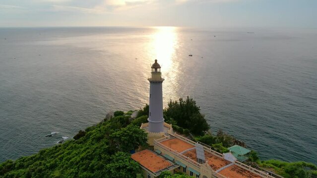 Aerial view dawn landscape at Dai Lanh lighthouse in Phu Yen, Vietnam. This is also the first place to receive the sun on the mainland of Vietnam