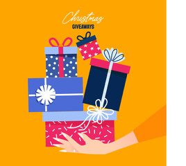 Merry Christmas and Happy New Year design. Realistic pile gifts boxes. Big lot gift box decorative festive object. Holiday banner, web poster, flyer, stylish brochure, greeting card. Xmas background