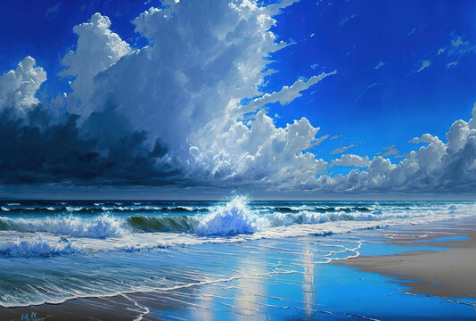 oil painting of a blue seashore and sky. Generative AI