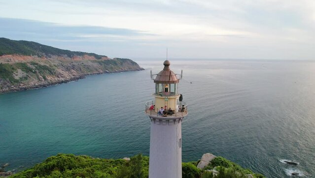 Aerial view dawn landscape at Dai Lanh lighthouse in Phu Yen, Vietnam. This is also the first place to receive the sun on the mainland of Vietnam