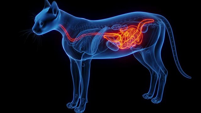 3D medical animation of a cat's digestive organs