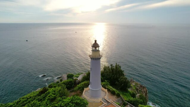 Aerial view dawn landscape at Dai Lanh lighthouse in Phu Yen, Vietnam. This is also the first place to receive the sun on the mainland of Vietnam